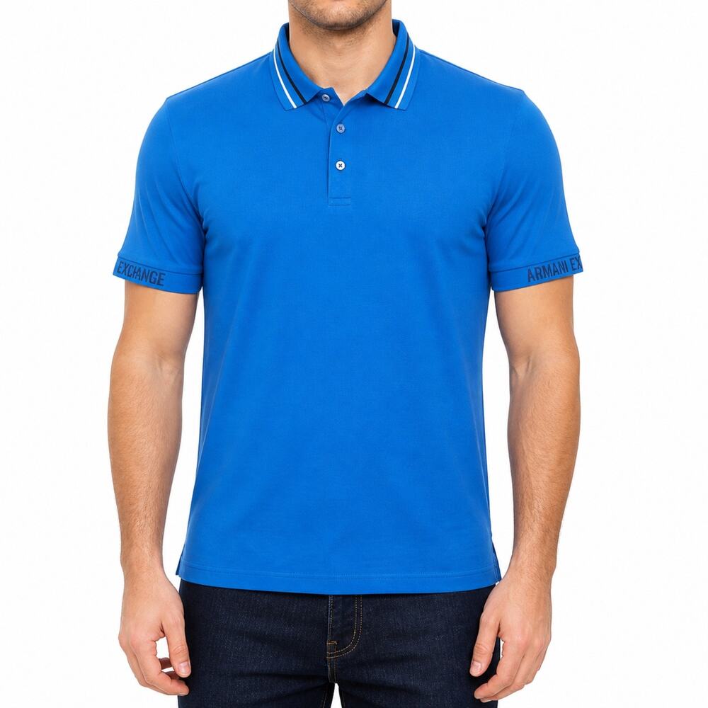 Armani Exchange Polo Shirt Mens Medium Blue Striped Collar Logo Performance Slim